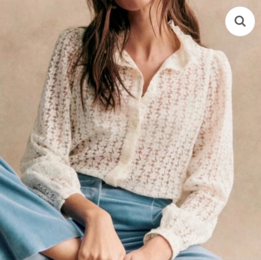 Sezane Cathy Ecru Lace Blouse Ruffle Stand Collar Cream Long Sleeve Button Down - Picture 2 of 11